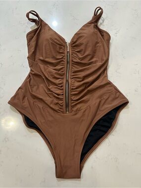 Ruched One-Piece Swimsuit with Front Zip - Brown